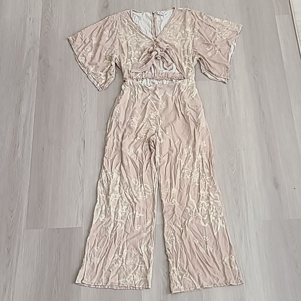 YIREH Earth Tone Watercolor Floral Jumpsuit Boho Cottagecore Wide Leg Medium